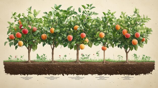 a row of five fruit trees alternating in species with a visible root system displaying a crosssection of the earth beneath them