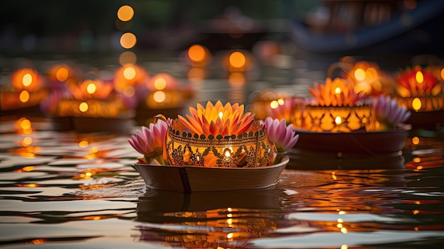 a row of floating candles with a flower in the water