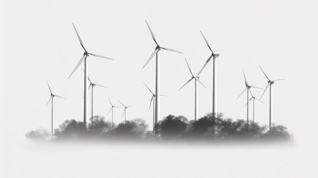 Row of floating wind turbines during hazy day watercolor in farm