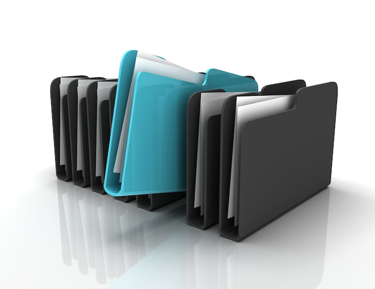 Photo row of folders and files. 3d illustration isolated on white