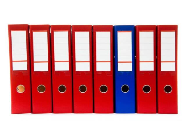 Row of folders for papers and documentation on a shelf in the office