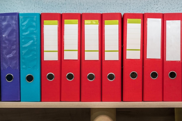 Row of folders for papers and documentation on a shelf in the
office