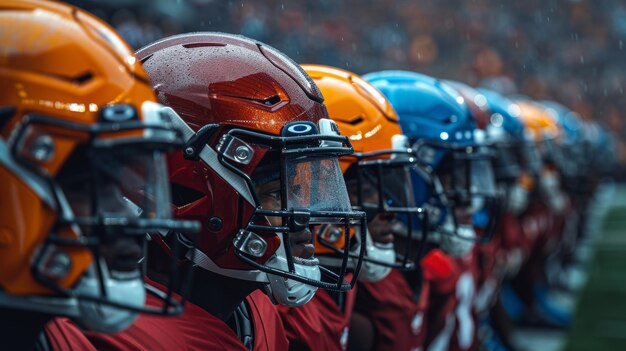 Photo row of football helmets on field generative ai