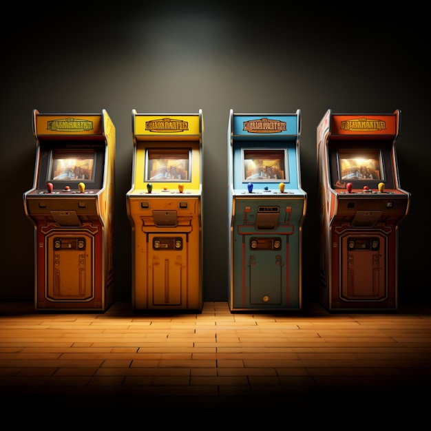 a row of four arcade game machines in the style of photorealistic renderings