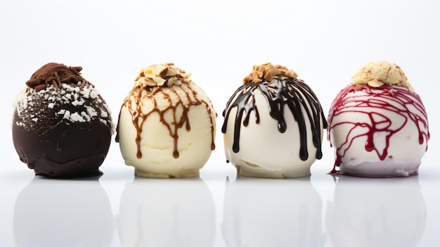 a row of four chocolate covered desserts