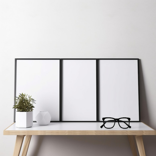 Photo a row of framed paintings on a white wall with a pair of glasses on a wooden table