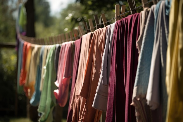 Row of freshly washed clothes fluttering in the breeze created with generative ai