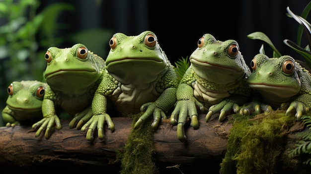 a row of frogs on a mossy green branch