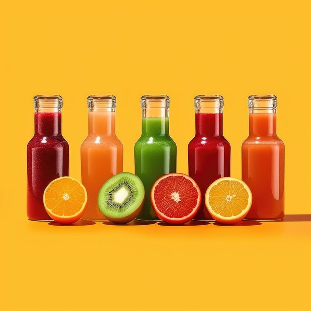 a row of fruit juices on an orange background