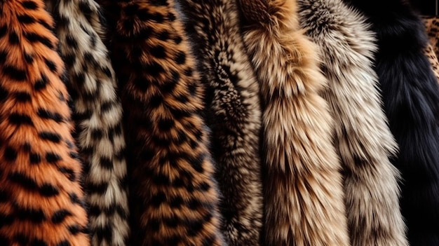 A row of fur coats are lined up in a row.