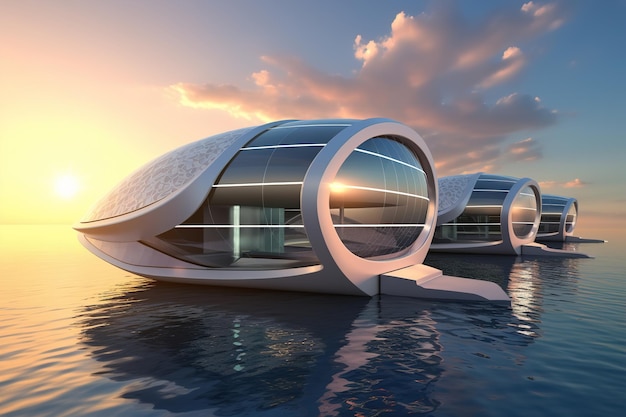 Row of futuristic ecological houses of future on water exterior Smooth forms of building in nature modern ecoarchitecture Generative AI