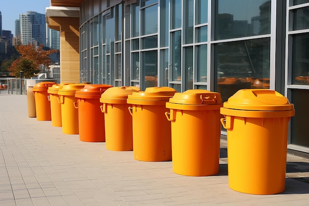 Row of garbage cans on the street on a hot summer day garbage sorting and recycling concept