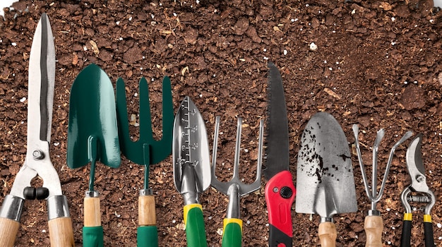 Row of gardening tools on soil background