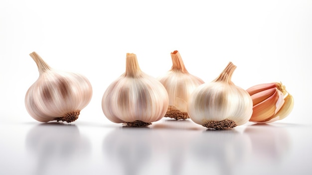 A row of garlic on a white background