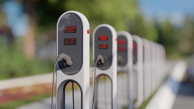 A row of gas pumps with red numbers on them