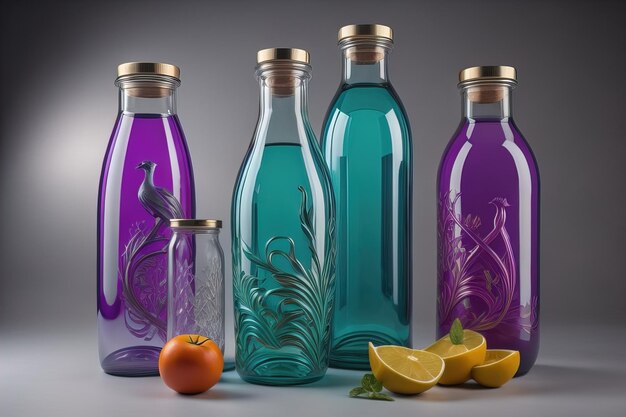 a row of glass bottles with colored liquid ai generative