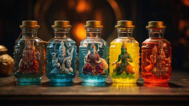 Row of Glass Bottles With Images of Hindu Deities