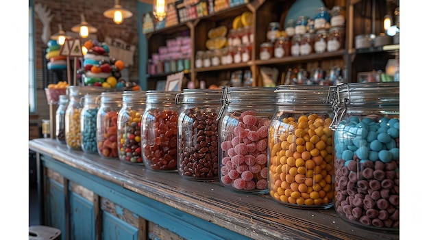 a row of glass jars of candy corn and candy are on a wooden table