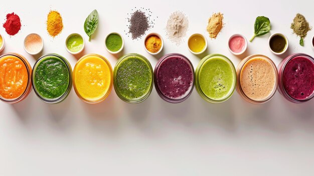 Row of glass jars filled with vibrant colored liquids on table aig