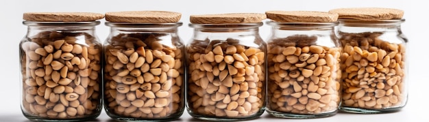 A row of glass jars with a brown lid that says'soybean'on it