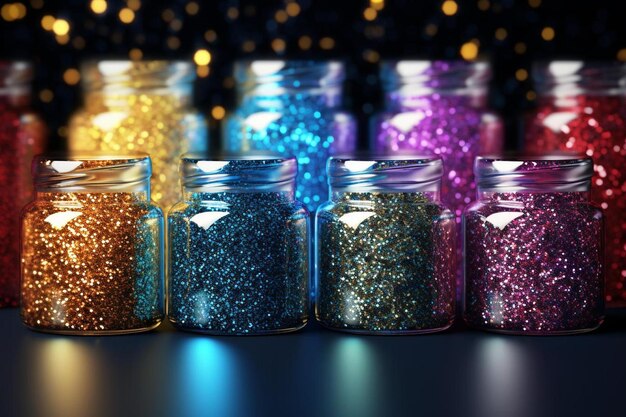 Foto una fila di barattoli di vetro con glitter e brillantini sopra.