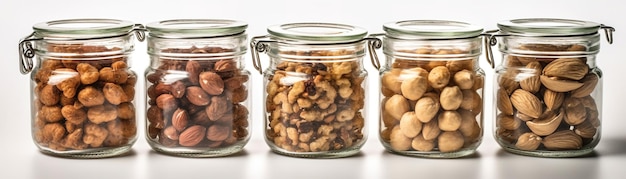 A row of glass jars with nuts on them