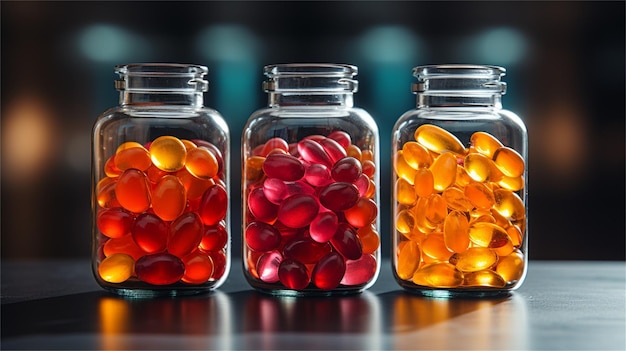 A row of glass jars with orange, red, and yellow candy.