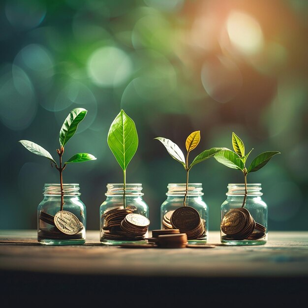 a row of glass jars with a plant growing out of them