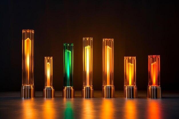 A row of glass tubes with different colors are lit up.