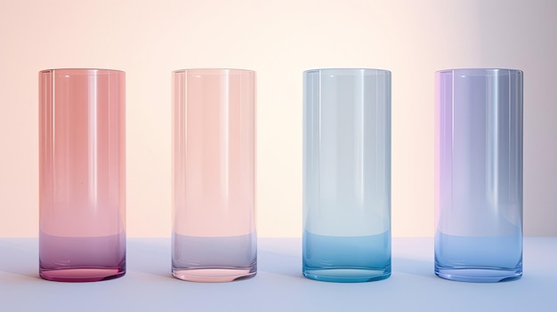 A row of glass vases with the word " blue " on the bottom.