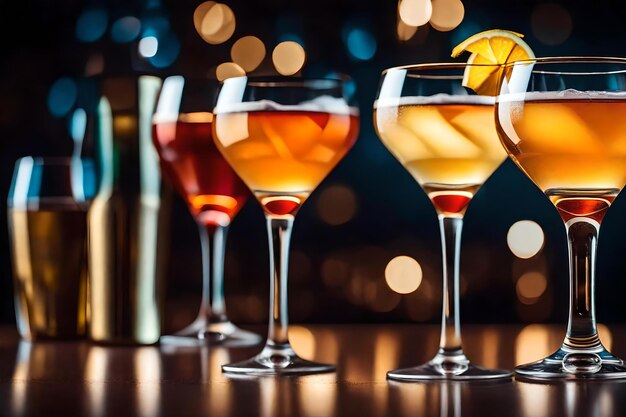 A row of glasses of alcohol with a fruit on the top.