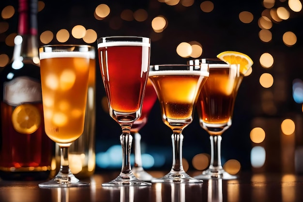 A row of glasses of alcohol with the word alcohol on the bottom