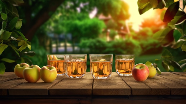 A row of glasses of apple cider on a wooden table with apples on the table.