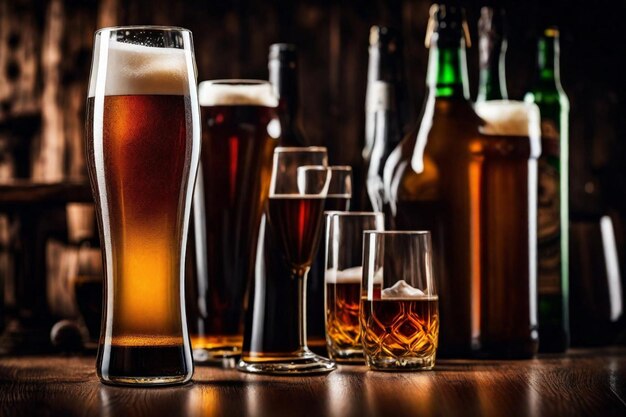 a row of glasses of beer and a bottle of beer on a table