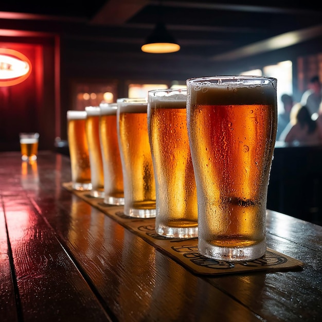 a row of glasses of beer sit on a wooden table