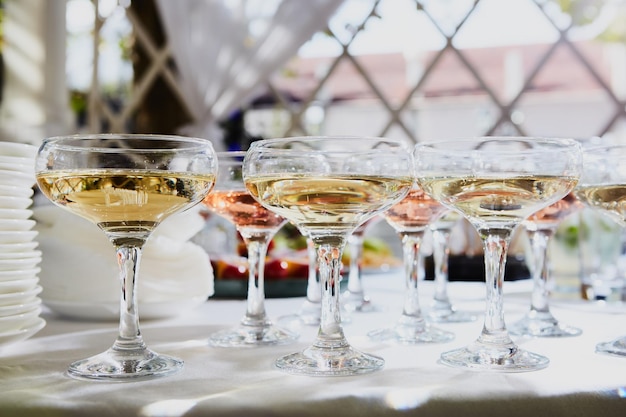 Row of glasses filled with champagne are lined up ready to be served