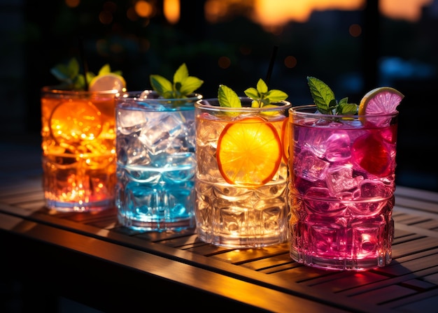 A row of glasses filled with different colored drinks