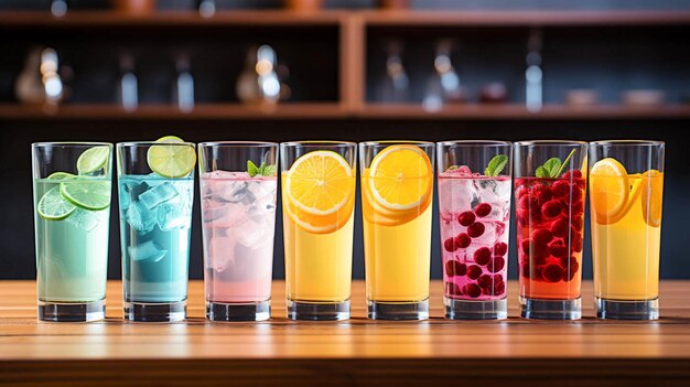 Photo a row of glasses filled with different colored drinks