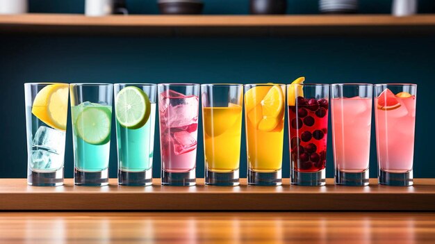 Photo a row of glasses filled with different colored drinks