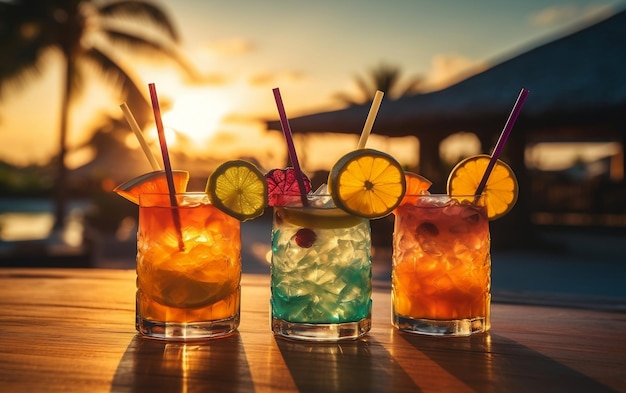 A row of glasses filled with different types of drinks AI