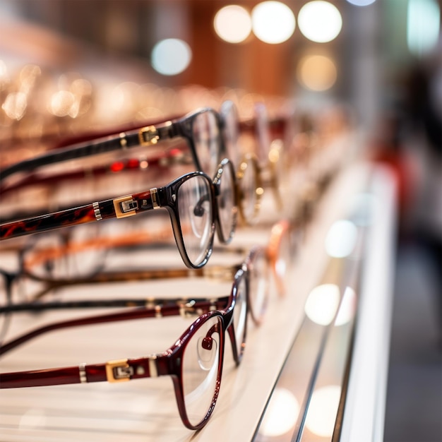 Foto fila di bicchieri in un ottico occhiali da vista in negozio