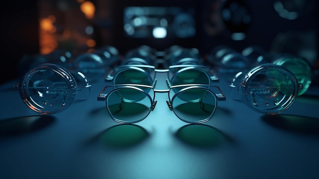 A row of glasses sit on a table in front of a screen that says'blue light '