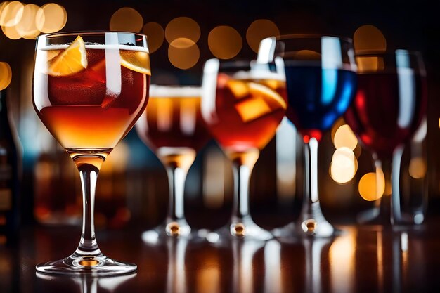 Foto una fila di bicchieri con dentro cocktail di colori diversi