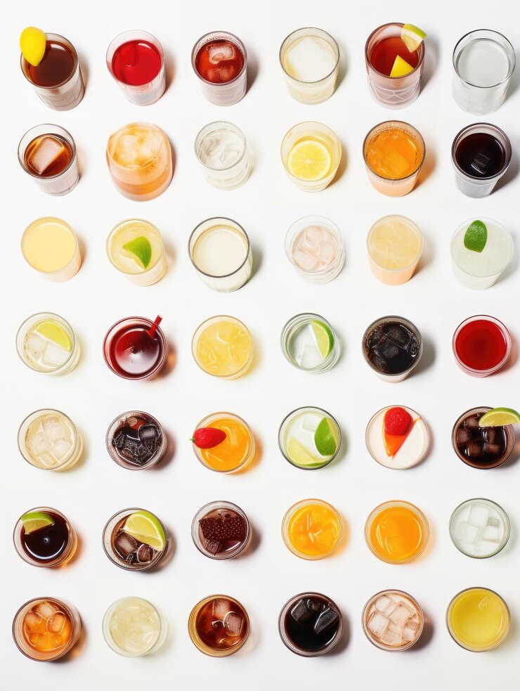 Photo a row of glasses with different colored drinks in them