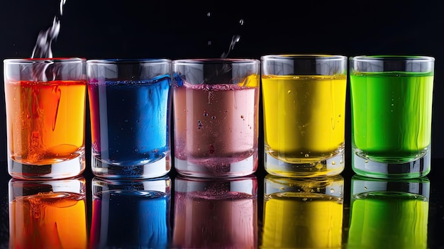 A row of glasses with different colored liquid in them