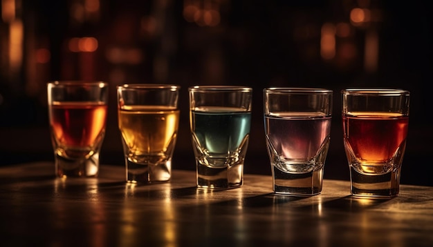 A row of glasses with different colors of alcohol on a bar counter.