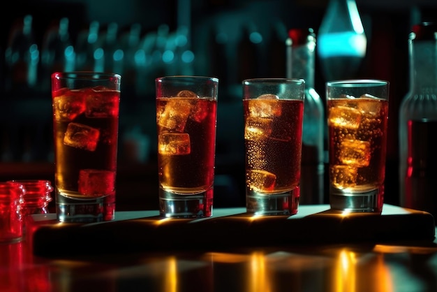 A row of glasses with ice cubes on top of them