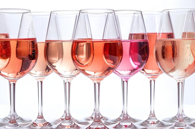 A row of glasses with pink and white wine