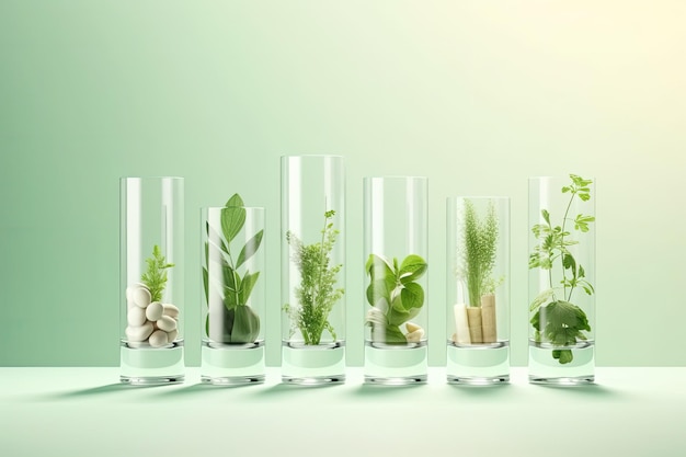 A row of glasses with plants in them