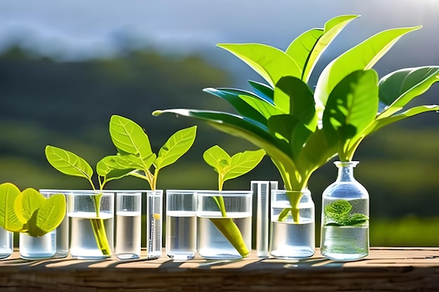 A row of glasses with water and plants on them